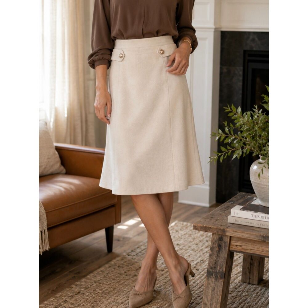 New York Clothing Co Cream A-Line Suede Midi Skirt with Button Tab